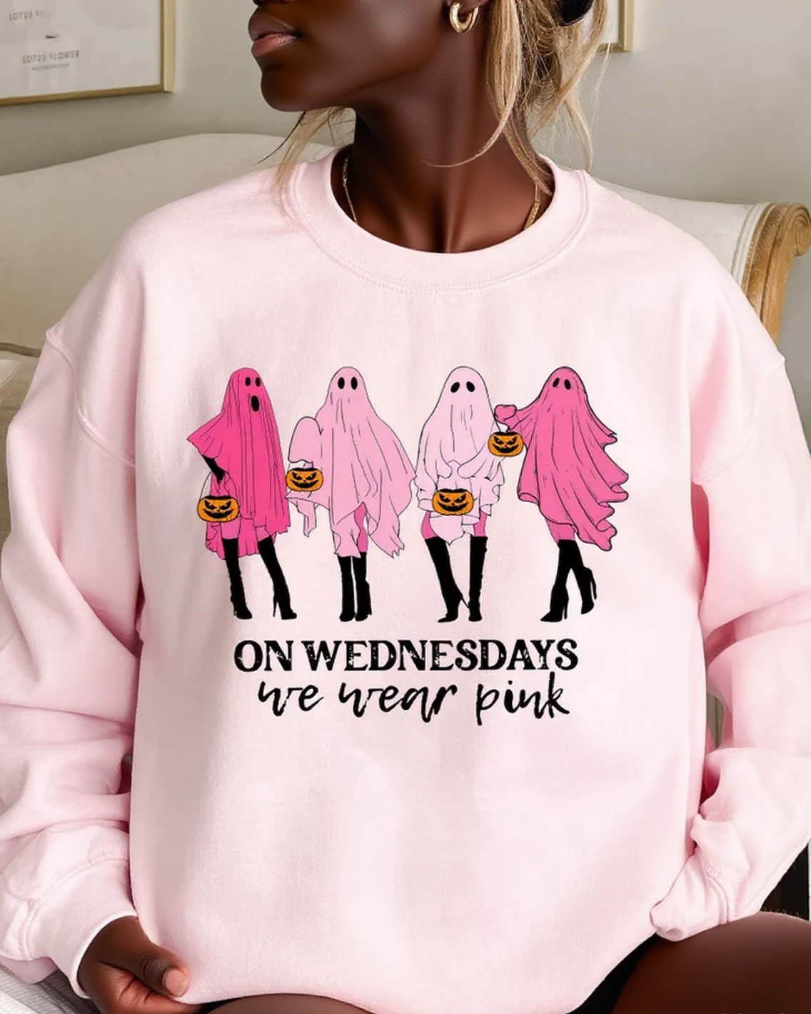 Halloween Pink Ghost Cotton Long Sleeve Sweatshirt