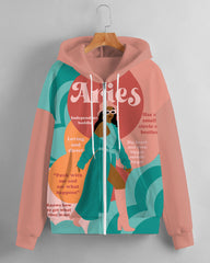 Women's Fashion Daily Black Aries Women Print Long Sleeve Zipper Hoodie