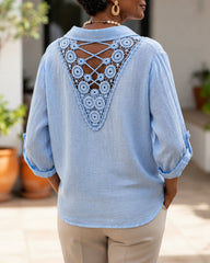 Loose Fit Collared Shirt with Lace Panel Back