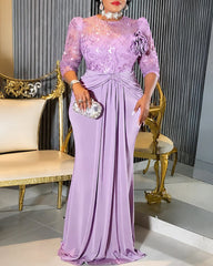 Plus Size Royal Rhinestone Lace Sheer 3/4 Sleeve Twisted Waist Mermaid Maxi Evening Gown