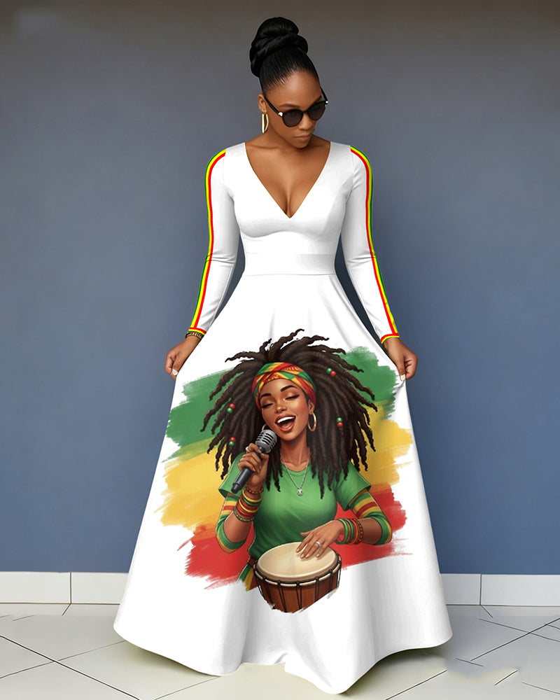 V-Neck Tribal Reggae Girl Pocket Long-Sleeved Maxi Dress