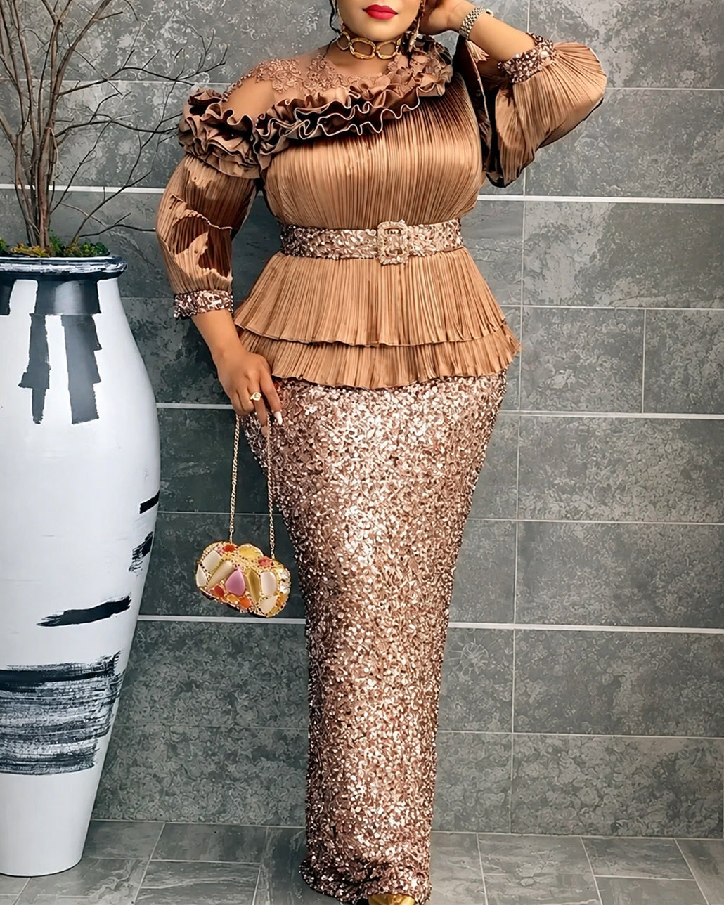 Plus‑Size Pleated Ruffle Peplum Sequin Maxi Dress