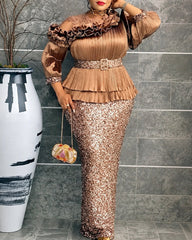 Plus‑Size Pleated Ruffle Peplum Sequin Maxi Dress