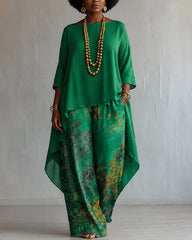 Irregular Long-sleeved Top and Wide-leg Pants Two-piece Set