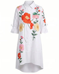 A-Line Half Sleeves Buttoned Flower Print Pockets Split-Joint Tied Lapel Midi Dresses