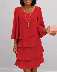 Round Neck Three-quarter Sleeves Elegant Layered Ruffle Dress