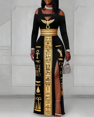 Cutout Off-shoulder V-neck Black Culture Egyptian Anka Symbol Long Sleeve Bodycon Party Dress
