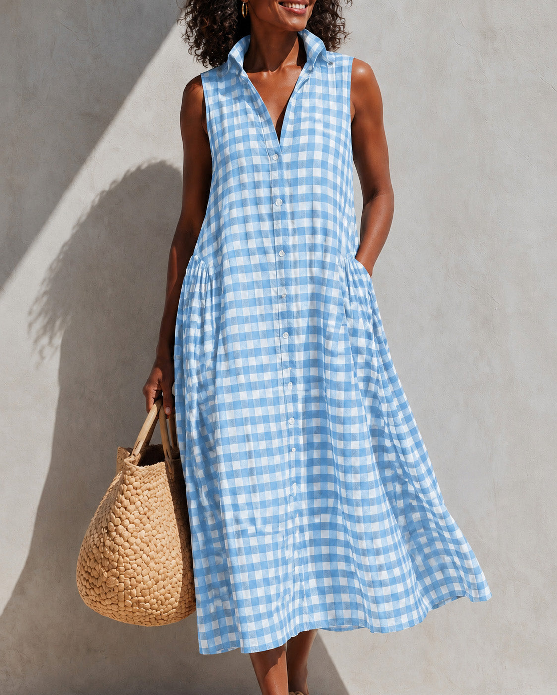 Button Front Collared Classic Plaid Sleeveless Casual Dress