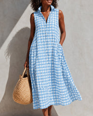Button Front Collared Classic Plaid Sleeveless Casual Dress