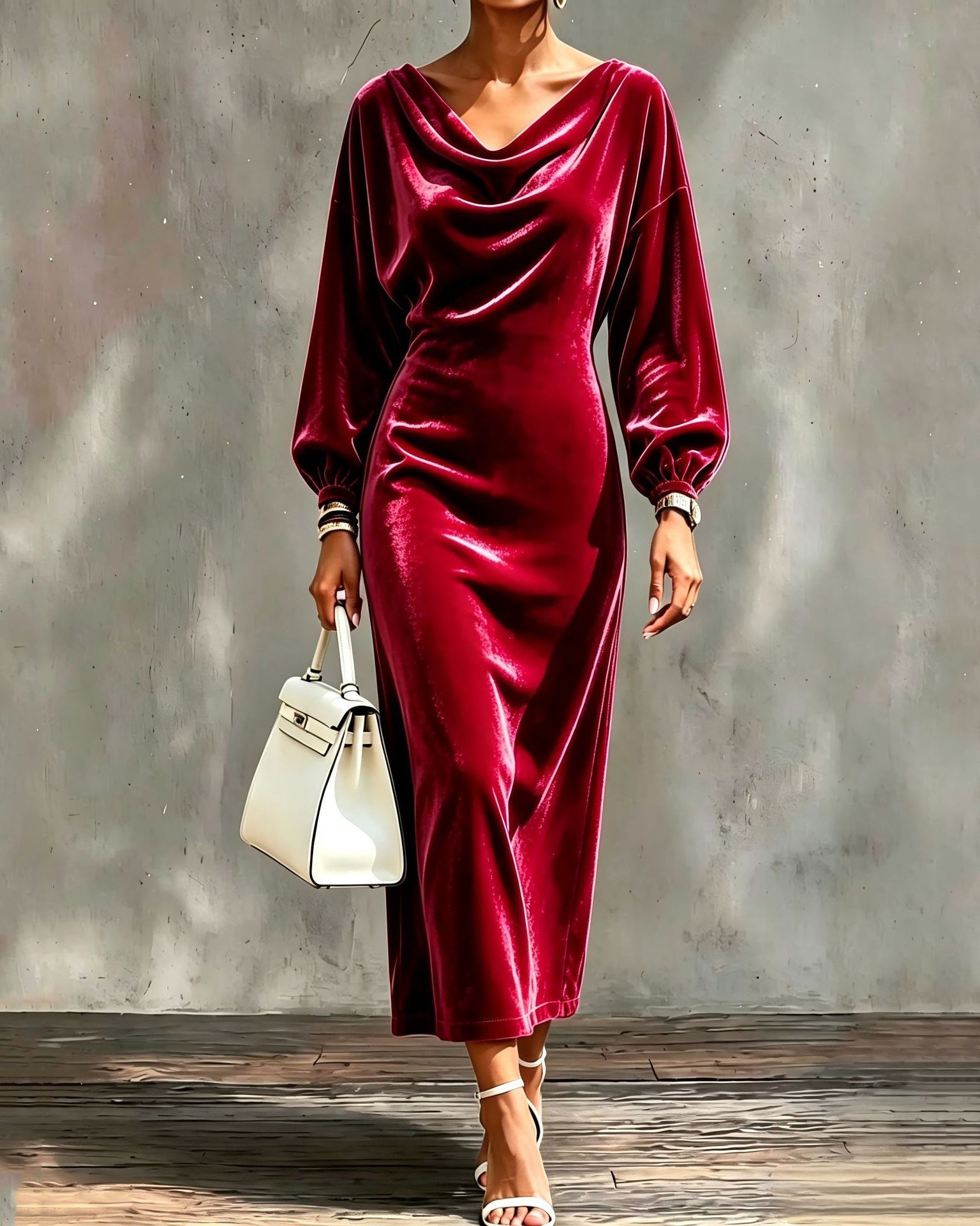 Cowl Neck Batwing Long Sleeve Velvet Midi Dress