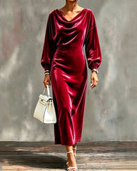 Cowl Neck Batwing Long Sleeve Velvet Midi Dress