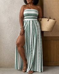 Spring Summer Boho Aesthetic Halter Romper, Beach Vacation Essential Beachwear, High Waist Loose Fit, Slit, All Over Print, Casual Style