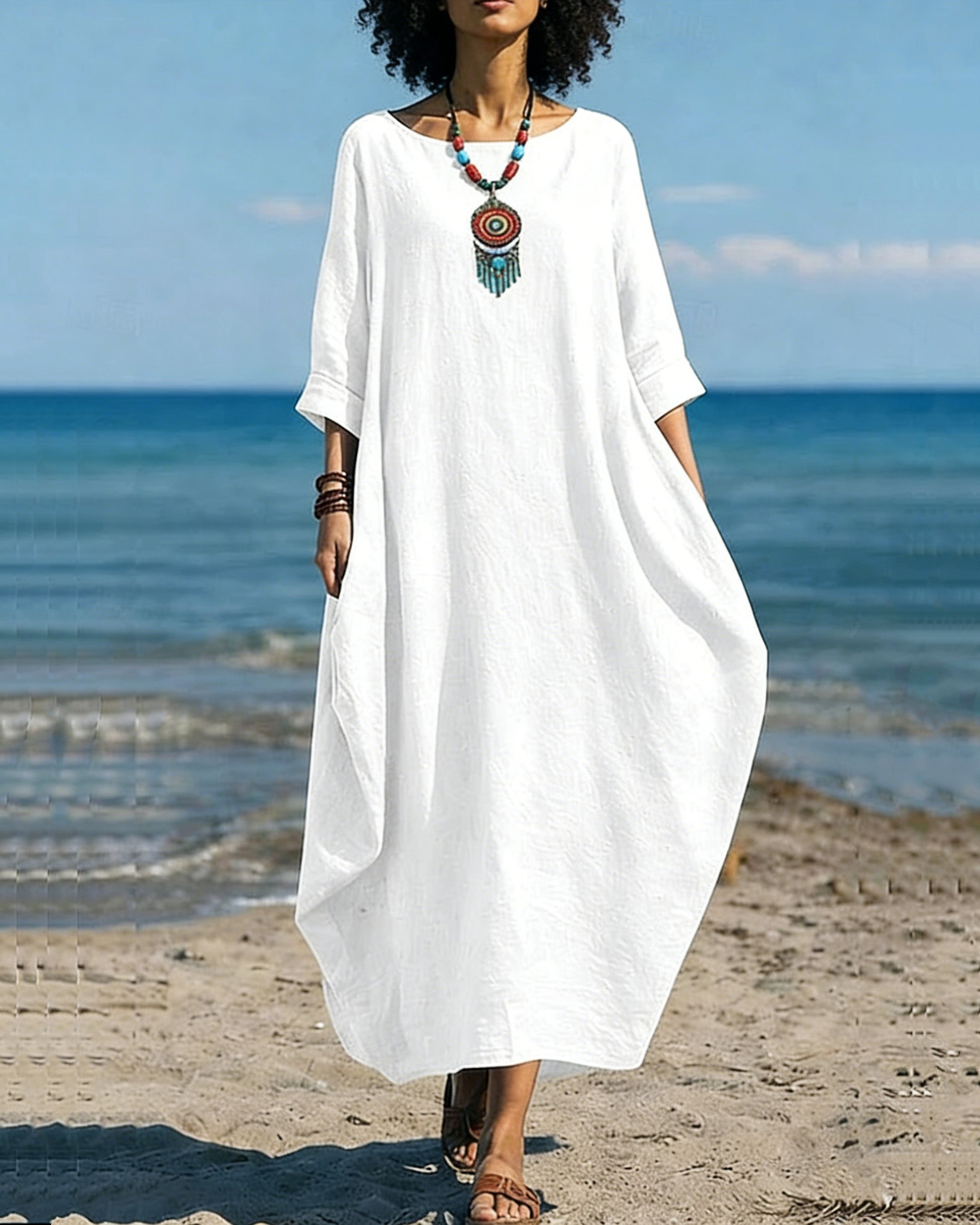 Women's Cotton Linen Maxi Dress Shift Dress