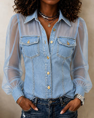Collared Button-down Long-sleeved Shirt with Mesh Trim