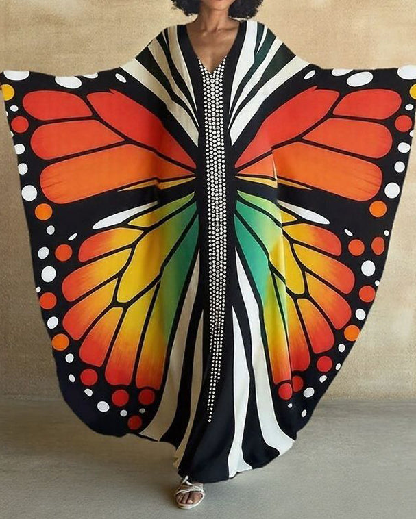 Colorful Butterfly Wings V-neck Long Kaftan Dress