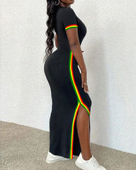 Reggae Stripe Hem Slit Crew Neck Short Sleeve Dress