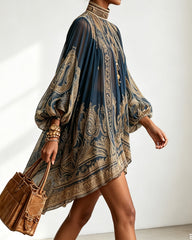 Baroque Print High-neck Irregular Chiffon Mini Dress
