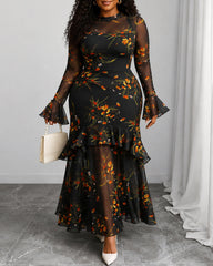Elegant Sexy Mesh Patchwork Colorful Floral Print Retro Flare Sleeve Ruffle Hem Layered Dress