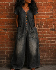 100% Denim V-neck Pocket Wide-leg Jumpsuit