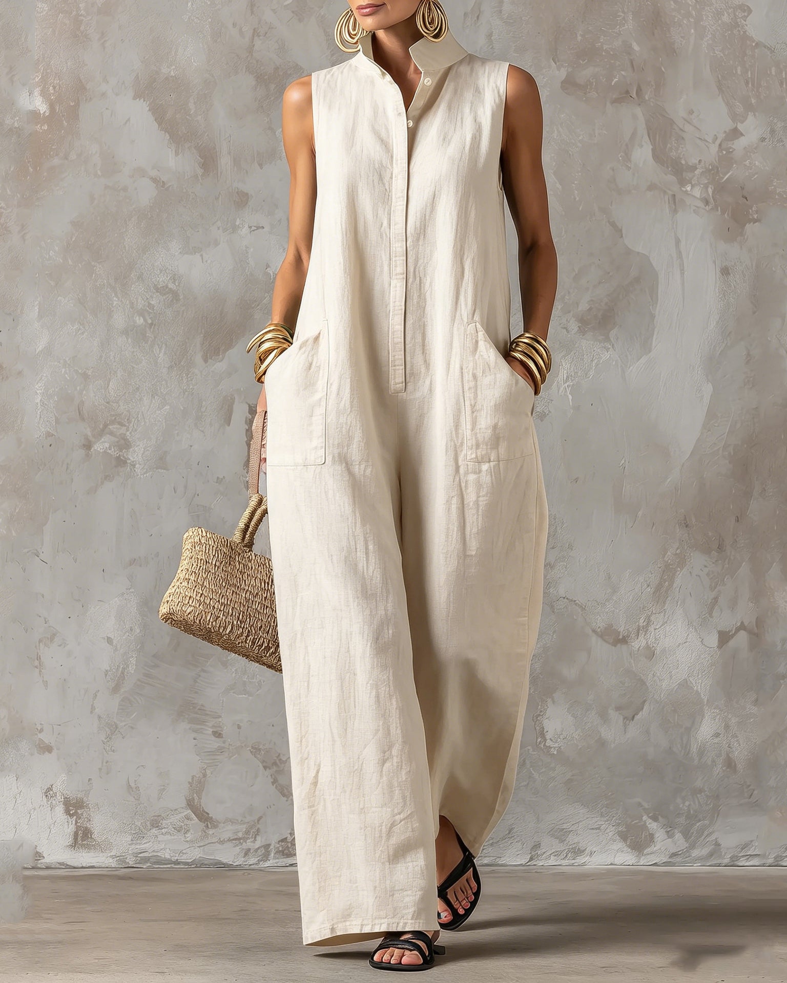 Stand-up Collar Sleeveless Linen Button-down Loose Wide-leg Jumpsuit