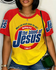 Women's The Blood Of Jesus Print Crew Neck Short Sleeve Tshirt