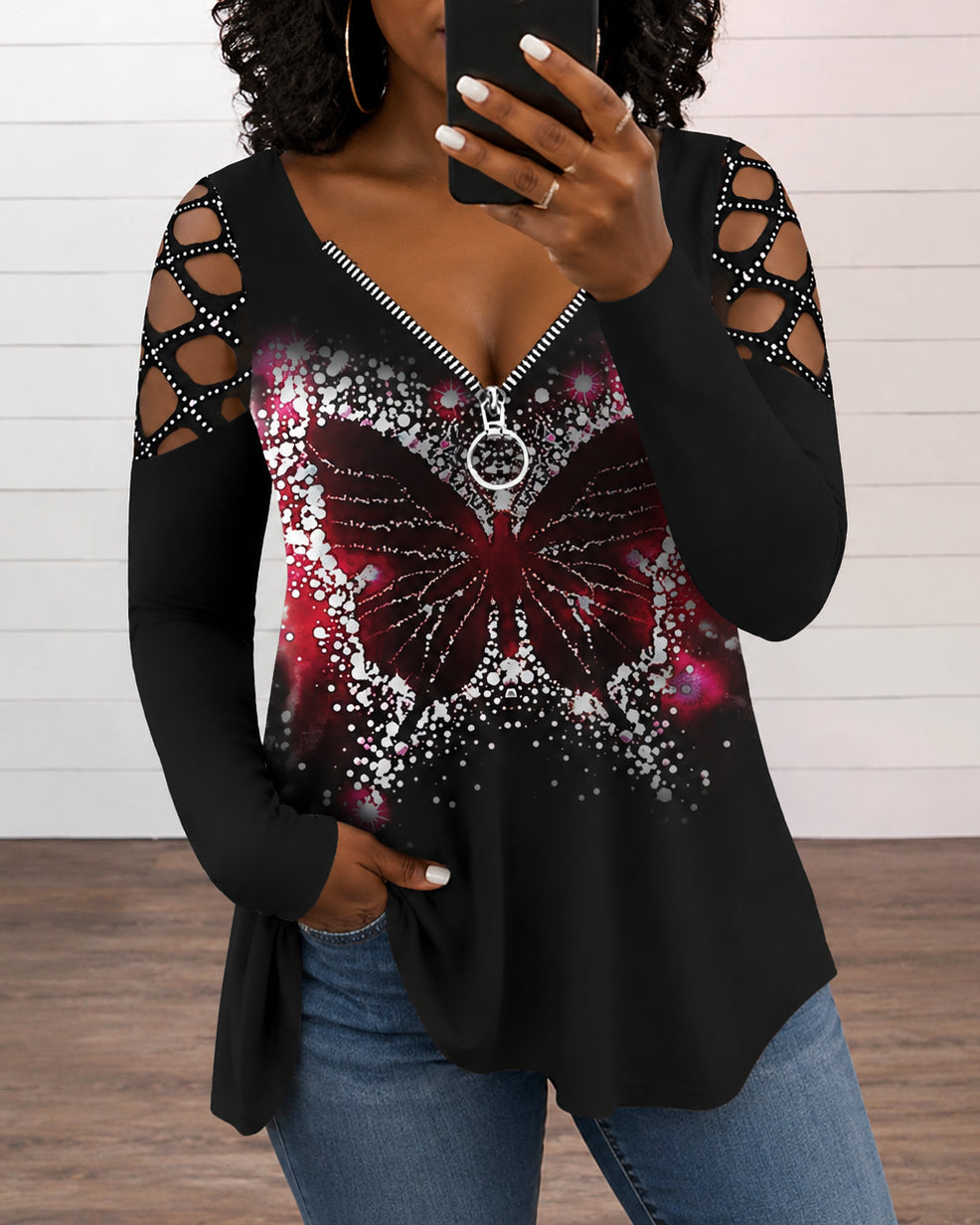 V-neck Rhinestone Cutout Long-sleeved Loose T-shirt