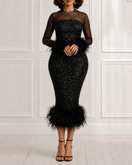 Sequin Mesh Long Sleeve Feather Trim Bodycon Dress Midi Dress