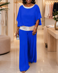 Conjuntos Elegantes Sequins Chiffon Batwing Sleeve Top Wide Leg Pants Two Piece Set