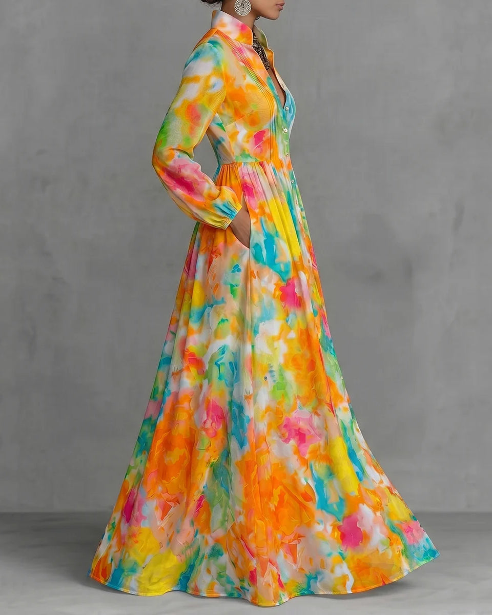 Long Sleeves Buttoned Contrast Color Pleated Pockets Printed Lapel Maxi Dresses Shirt Dress