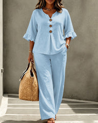 V-neck Ruffled Three-quarter Sleeve Top and Trousers Two-piece Set