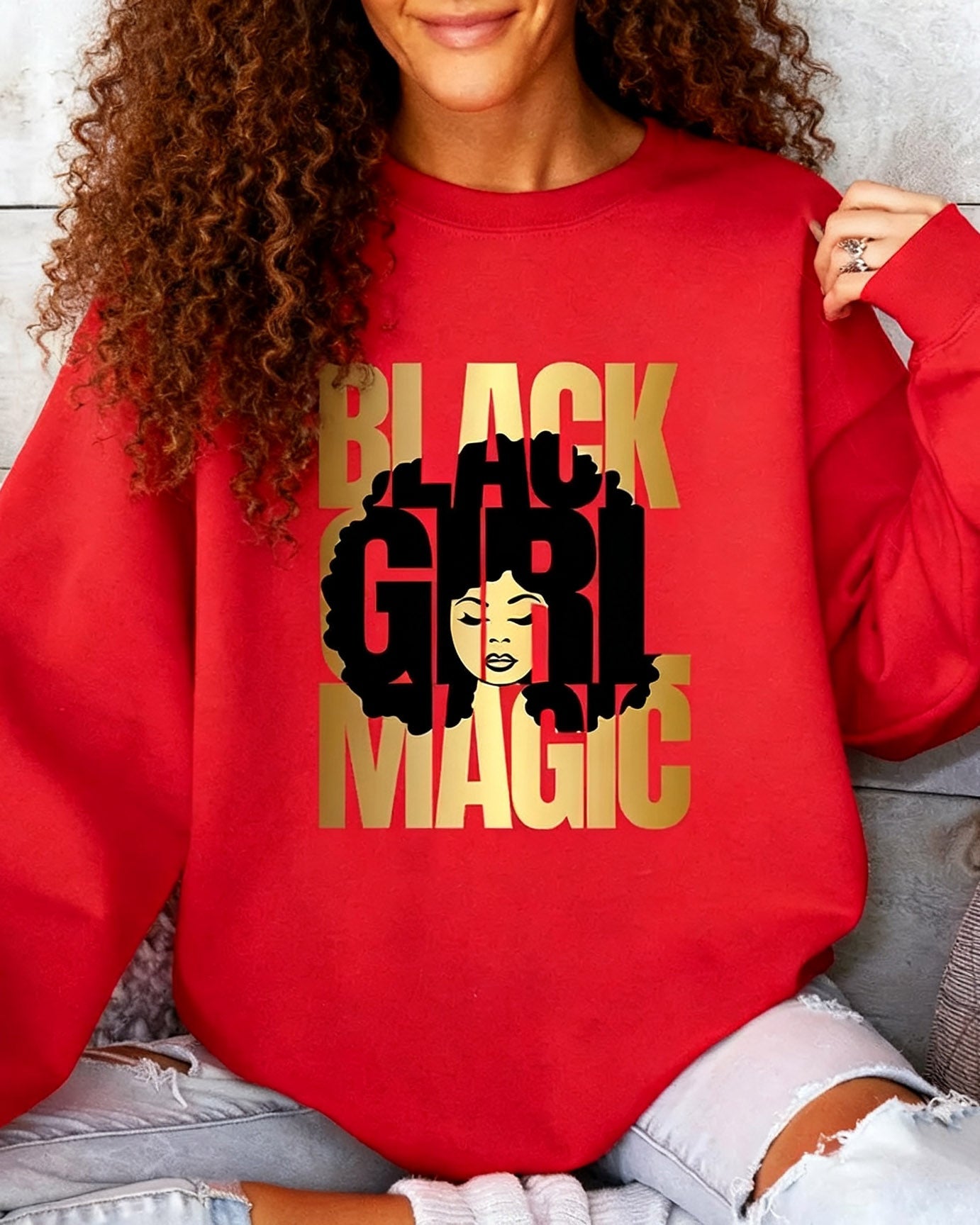 Black Girl Magic Print Crewneck Long Sleeve Sweatshirt