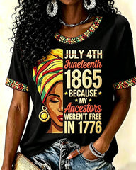 Juneteenth Afro Woman Print Crew Neck Short Sleeve Tshirt