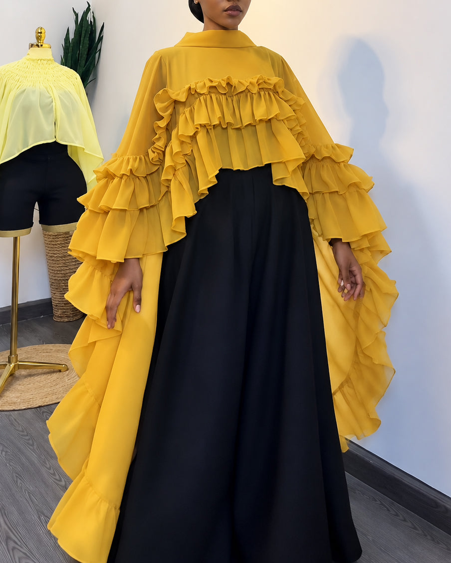 Mock Neck Tiered Ruffle Chiffon Cape Long Blouse