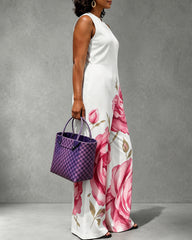 High Waisted Loose Flower Print Pleated Pockets Round-Neck Jumpsuits