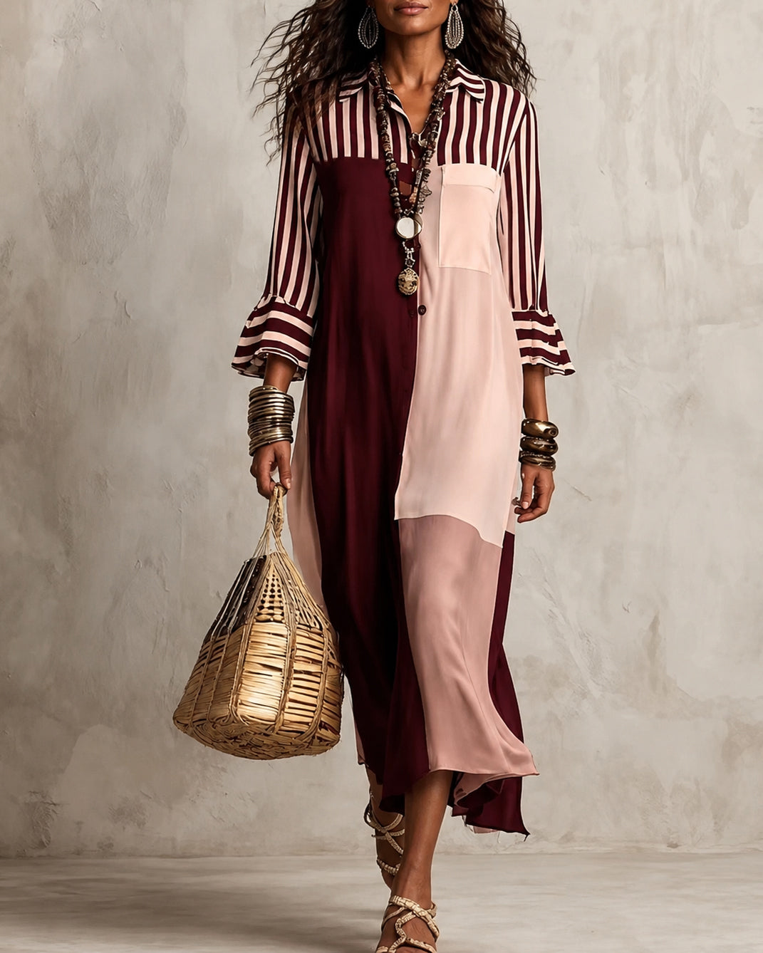 Elegant Striped Patchwork 3/4 Sleeve Shirt Dress