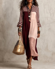Elegant Striped Patchwork 3/4 Sleeve Shirt Dress