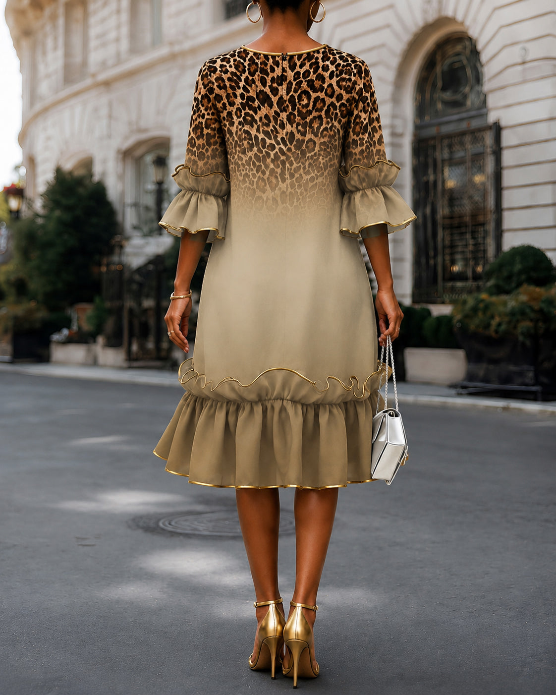 Leopard Print Gradient Elegant Lace Crew Neck Midi Dress