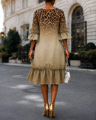 Leopard Print Gradient Elegant Lace Crew Neck Midi Dress