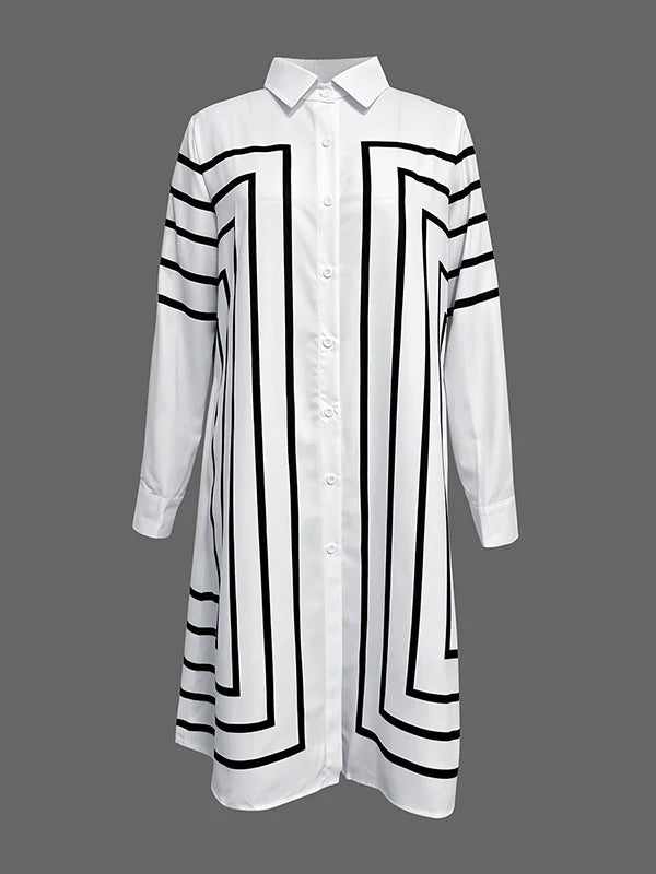 Half Sleeves Loose Buttoned Striped Lapel Midi Dresses Shirt Dress