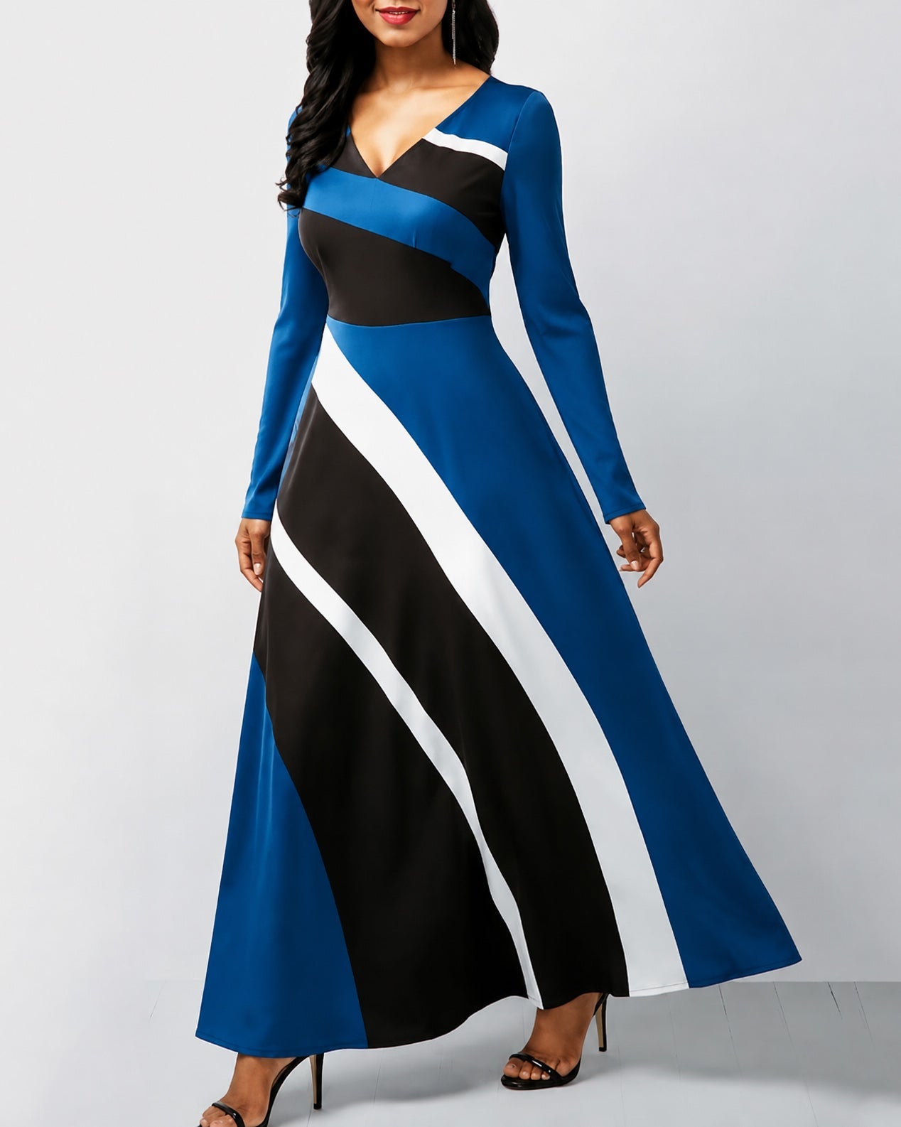 Color-blocked Striped Print Long Sleeve Maxi Dress