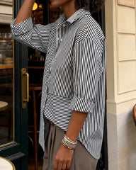 Irregular Stripes Stand Collar Long Sleeve Shirt with Metal Buttons