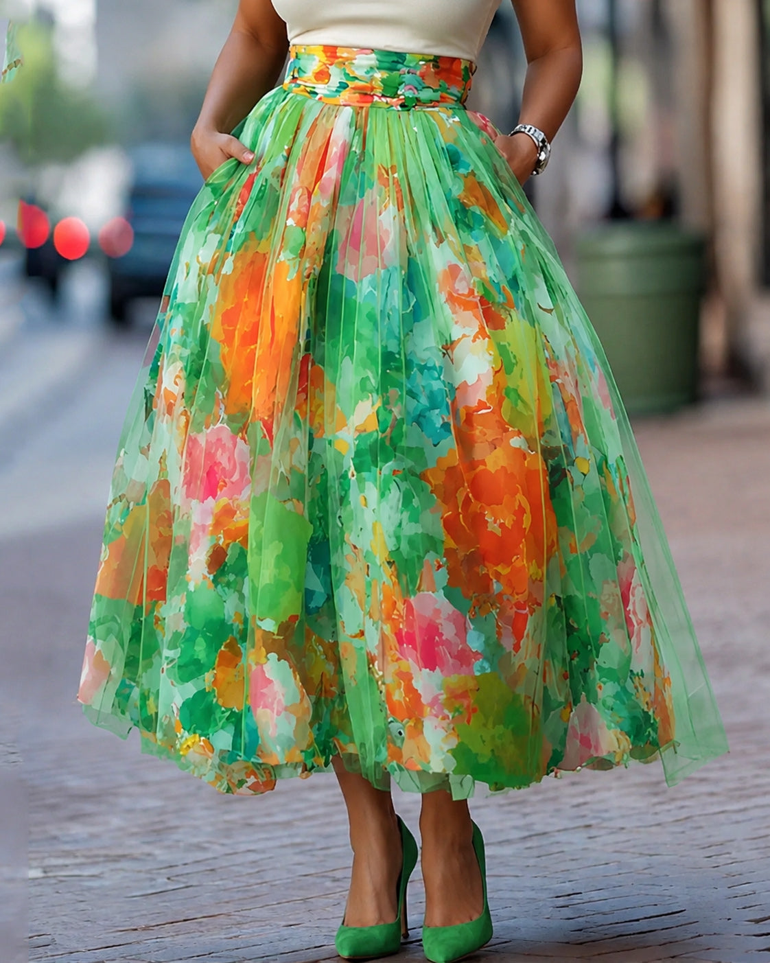 Watercolor Floral Print Tulle High Waist A‑Line Midi Skirt With Pockets