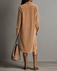 Lapel Collar Button‑Front Long Sleeve Corduroy Shirt Midi Dress
