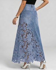 Elegant Lace-trimmed Denim Midi Skirt