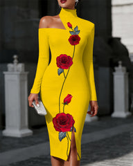 Romantic Red Roses Off The Shoulder High-neck Slim Fit Dress Party Dress