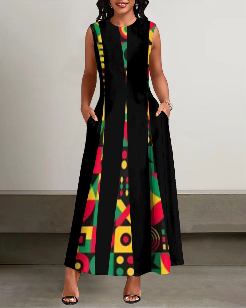 Crew Neck Reggae Totem Color Blocking Sleeveless Pockets Maxi Dress