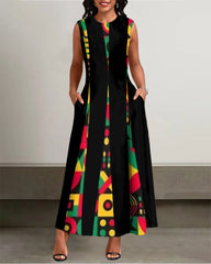 Crew Neck Reggae Totem Color Blocking Sleeveless Pockets Maxi Dress