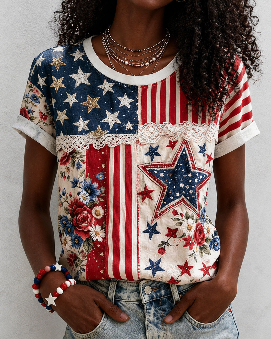 250th AnniversaryStar Lace Print Crew Neck Short Sleeve Tshirt