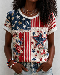 250th AnniversaryStar Lace Print Crew Neck Short Sleeve Tshirt