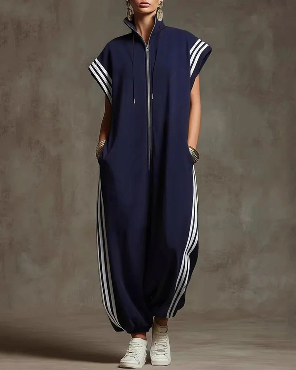 Contrast Color Pockets Split-Joint Striped Zipper Stand Collar Jumpsuits